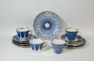 4 Porz.- Kaffee-Gedecke, blau mit Goldrand