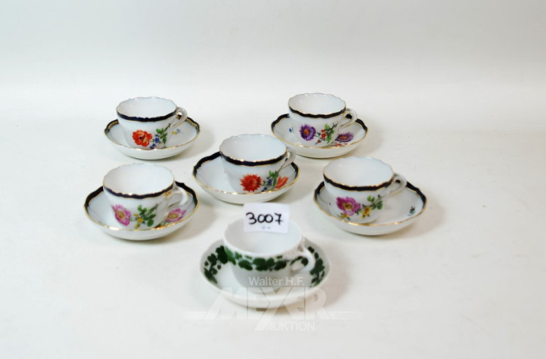 6 Porz.-Moccatassen, ''MEISSEN'', Blumen-und