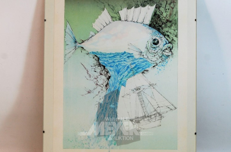 Lithograpie ''Fisch mit Segelboot''