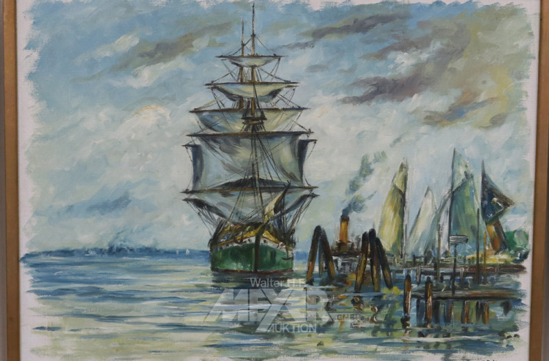 Gemälde, ''Großsegler im Hafen'',