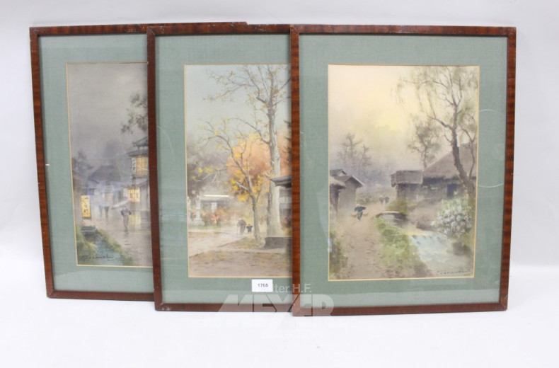 3 Aquarelle ''Asiatische Dorfansichten'',