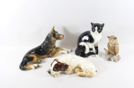 4 Porz.-Figuren GOEBEL: Hunde, Katze, Eule