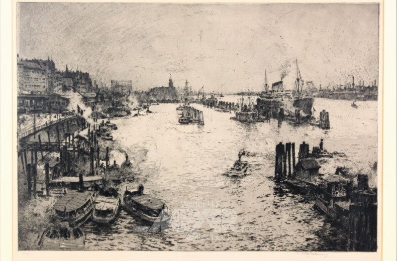 Lithographie, ''Hamburger Hafen''