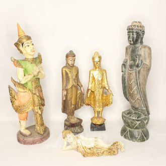5 versch. Holzfiguren, Buddhas,