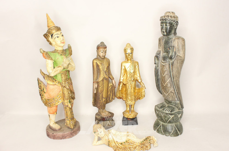 5 versch. Holzfiguren, Buddhas,