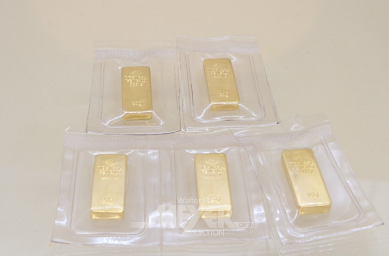 5 Goldbarren DEGUSSA, je ca. 20 g