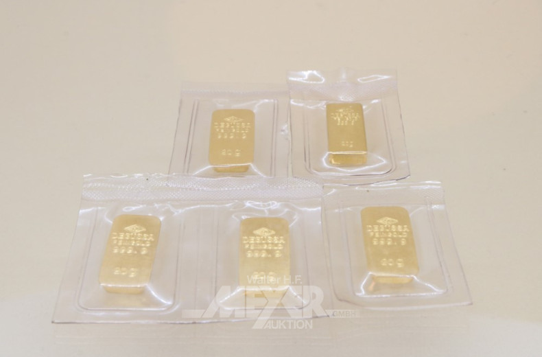 5 Goldbarren DEGUSSA, je ca. 20 g