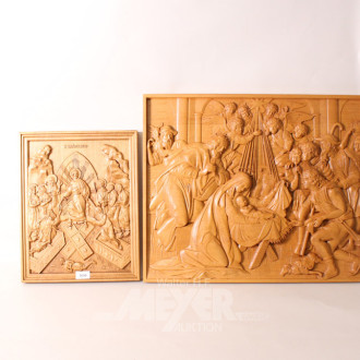 2 religöse Holz-Reliefbilder: Madonna mit