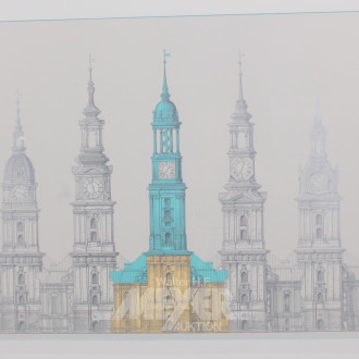 Lithografie ''5 Kirchen'', ca. 60 x 90 cm,