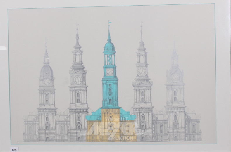 Lithografie ''5 Kirchen'', ca. 60 x 90 cm,