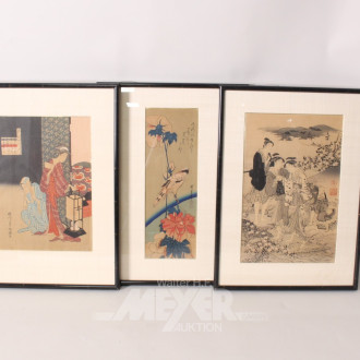 6 asiat. Drucke, u.a. Geishas, Blumen,