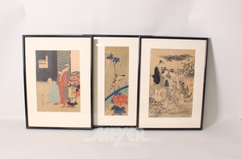 6 asiat. Drucke, u.a. Geishas, Blumen,