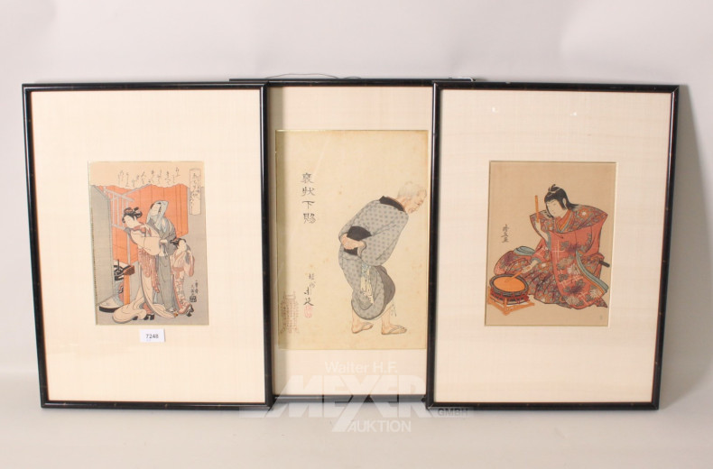 6 asiat. Drucke, u.a. Geishas, Blumen,