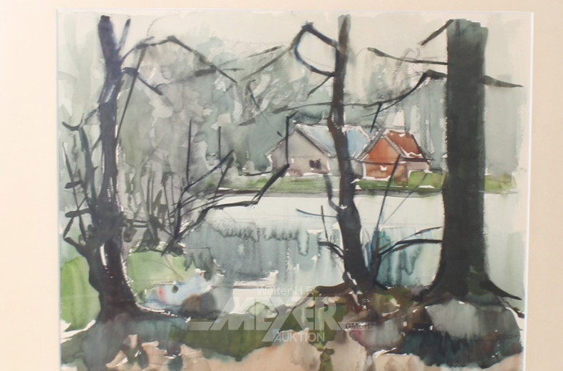 2 Aquarelle ''Häuser am Waldsee'' u.