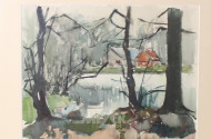 2 Aquarelle ''Häuser am Waldsee'' u.