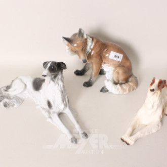 3 Porz.-Figuren: Fuchs u. 2 Hunde,